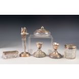 SIX PIECES OF EDWARD VII AND LATER SILVER, comprising: CUT GLASS HAIR TIDY WITH EMBOSSED PULL-OFF