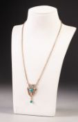 A 9ct GOLD FINE CHAIN NECKLACE, THE ART NOUVEAU PENDANT STYLE FRONT HEART SHAPED with open scrolls