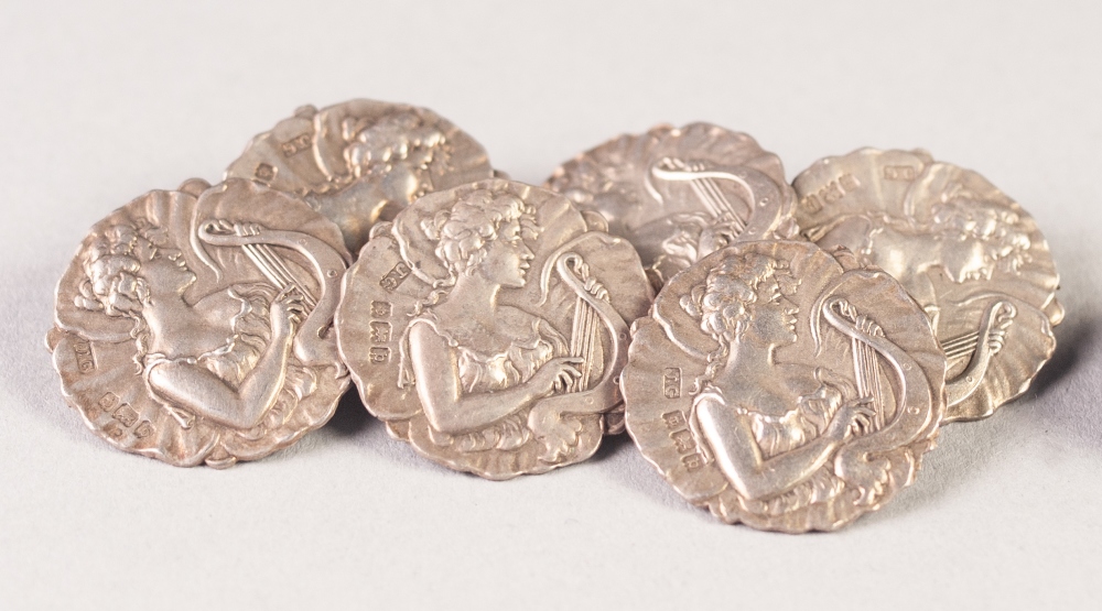 A SET OF SIX EDWARDIAN ART NOUVEAU EMBOSSED SILVER BUTTONS, featuring a Grecian maiden playing a - Image 3 of 3