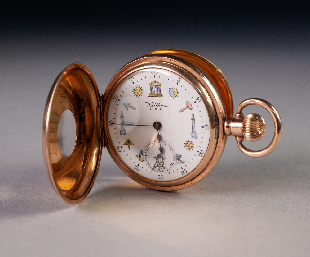 EARLY 20th CENTURY WALTHAM GOLD PLATED CASED DEMI-HUNTER POCKET WATCH, Masonic dial, keyless