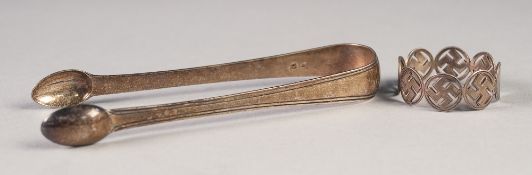 GEORGE III SILVER SUGAR TONGS, with thread borders, London 1815 and a SILVER NAPKIN RING formed of 8