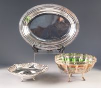 THREE PIECES OF ELECTROPLATE, comprising: LOBATED BOWL WITH GREEN GLASS LINER AND PAW FEET, OVAL