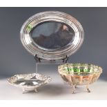 THREE PIECES OF ELECTROPLATE, comprising: LOBATED BOWL WITH GREEN GLASS LINER AND PAW FEET, OVAL