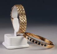 GOLD PLATED BROAD FLEXIBLE BRACELET and a gold plated hinge opening BANGLE, the top set with seven