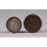 VICTORIAN SILVER SHILLING, old head, 1887 and George III 1813 MANX COPPER HALF-PENNY COIN (2)