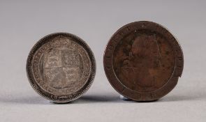 VICTORIAN SILVER SHILLING, old head, 1887 and George III 1813 MANX COPPER HALF-PENNY COIN (2)