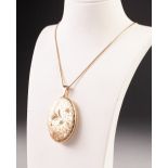 9ct GOLD LARGE OVAL LOCKET PENDANT, 1 3/4" high, Birmingham 1976, 15.7gms and the plate plate fine