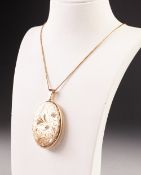 9ct GOLD LARGE OVAL LOCKET PENDANT, 1 3/4" high, Birmingham 1976, 15.7gms and the plate plate fine