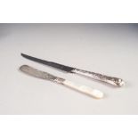 VICTORIAN BUTTER KNIFE, the silver blade floral and foliate scroll engraved blade, mother o'pearl