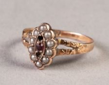 VICTORIAN 9ct GOLD MARQUISE RING, the centre set with two tiny rubies (one missing) and a surround
