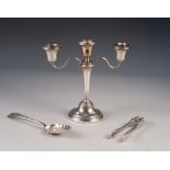 MODERN WEIGHTED SILVER TRIPLE LIGHT TWIN BRANCH CANDELABRUM, Birmingham 1968, a George III SILVER