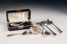 GEORGE VI CASED CHILD'S SILVER FEEDING SPOON, Birmingham 1937, together with an ENGINE TURNED OVAL