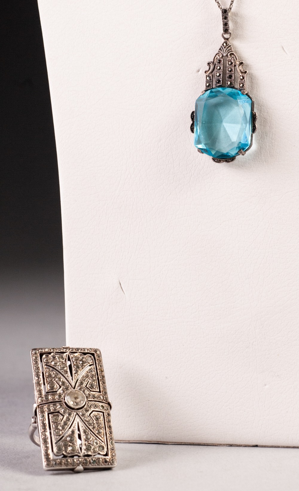 ART DECO MARCASITE PENDANT, set with a large rectangular blue stone on a fine chain necklace and - Image 2 of 2