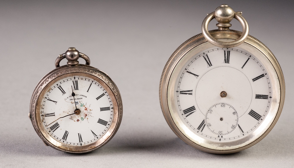 SILVER PLATED OPEN FACED POCKET WATCH, with keywind movement (a.f.), a LADY'S ENGRAVED SILVER