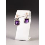 PAIR OF 9ct GOLD, AMETHYST AND PEARL DROP EARRINGS, each claw set with an oblong amethyst with