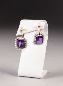 PAIR OF 9ct GOLD, AMETHYST AND PEARL DROP EARRINGS, each claw set with an oblong amethyst with