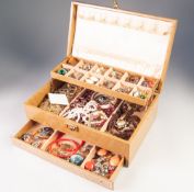 LARGE CANTILEVER ACTION FABRIC CLAD JEWELLERY BOX, including selection of costume jewellery, faux