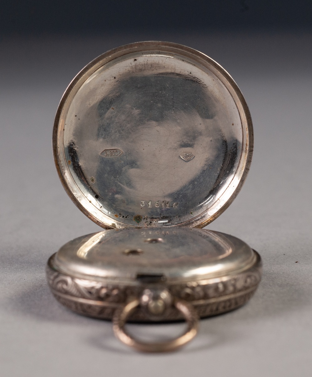 LADY'S SILVER COLOURED METAL POCKET WATCH with key wind movement, gilt decorated porcelain roman - Image 3 of 3