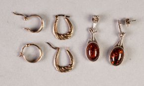 TWO PAIRS OF 9ct GOLD HOOP EARRINGS, 2.2gms, PAIR OF SILVER AND CABOCHON AMBER DROP EARRINGS (6)