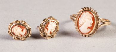 9ct GOLD RING, with an oval shell cameo and a PAIR OF SIMILAR SMALL EARRINGS, 3.6gms (3)