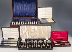 CASED SET OF SIX PAIRS OF ELECTROPLATED FISH EATERS WITH SILVER FERRULES AND BONE HANDLES, in a