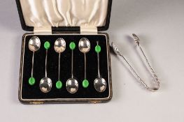 CASED SET OF SIX SILVER GREEN BEAD HANDLED SPOONS, maker William Adams, Birmingham 1933 and a PAIR