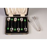 CASED SET OF SIX SILVER GREEN BEAD HANDLED SPOONS, maker William Adams, Birmingham 1933 and a PAIR