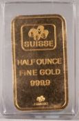 'PAMP SUISSE' FINE GOLD (.9999) HALF OUNCE INGOT, 16gms