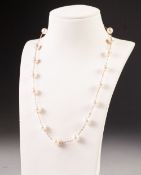 14k GOLD CHAIN NECKLACE, set at intervals with eighteen uniform cultured pearls, 15" long, 10gms