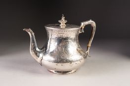 VICTORIAN ENGRAVED SILVER TEAPOT BY DANIEL & CHARLES HOULE, of bellied form with waisted upper