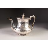 VICTORIAN ENGRAVED SILVER TEAPOT BY DANIEL & CHARLES HOULE, of bellied form with waisted upper