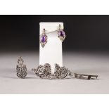 A DELICATE SILVER AND MARCASITE OPENWORK PENDANT,T 1 1/4" HIGH; pair of silver, marcasite and