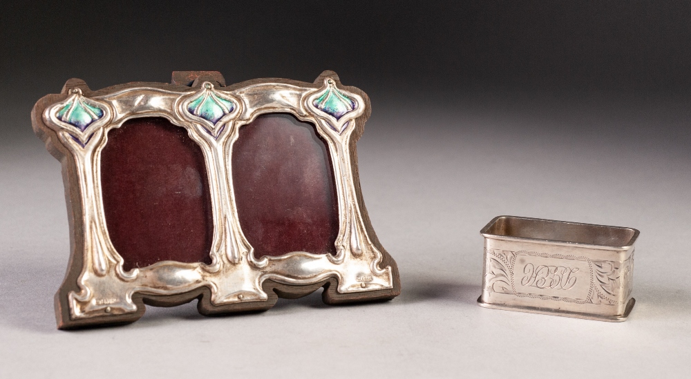 SILVER OBLONG NAPKIN RING, foliate scroll engraved and initialled, Chester 1926, and an ART