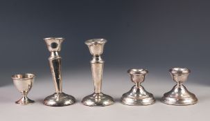 PAIR OF MODERN WEIGHTED SILVER DWARF CANDLESTICKS, Birmingham 1976, another LARGER PAIR in poor