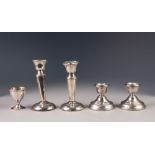 PAIR OF MODERN WEIGHTED SILVER DWARF CANDLESTICKS, Birmingham 1976, another LARGER PAIR in poor