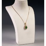 18ct GOLD, EMERALD AND DIAMOND TEAR SHAPED PENDANT, claw set with a cabochon oval emerald and