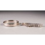 SILVER HINGE OPENING BANGLE, with foliate scroll engraved top, Birmingham 1978 and a SILVER GATE