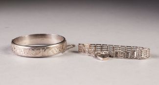 SILVER HINGE OPENING BANGLE, with foliate scroll engraved top, Birmingham 1978 and a SILVER GATE