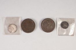 WILLIAM AND MARY SILVER SIX PENCE 1693 (EF), A GEORGE III SILVER SHILLING old head 1787 (VF) AND TWO
