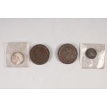 WILLIAM AND MARY SILVER SIX PENCE 1693 (EF), A GEORGE III SILVER SHILLING old head 1787 (VF) AND TWO