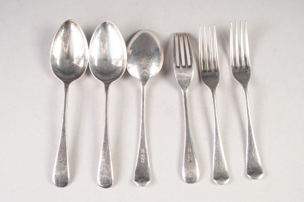 SET OF THREE SILVER DESSERT SPOONS AND 3 DESSERT FORKS of Early English pattern, makers Edward