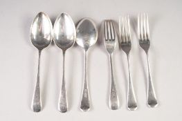 SET OF THREE SILVER DESSERT SPOONS AND 3 DESSERT FORKS of Early English pattern, makers Edward