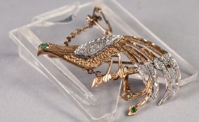 9ct YELLOW AND WHITE GOLD BIRD OF PARADISE BROOCH set with numerous tiny diamonds and three tiny