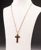 9ct GOLD FLAT AND TWISTED CHAIN NECKLACE, 18" long and a 9ct gold engraved CROSS PENDANT, 1 1/4"
