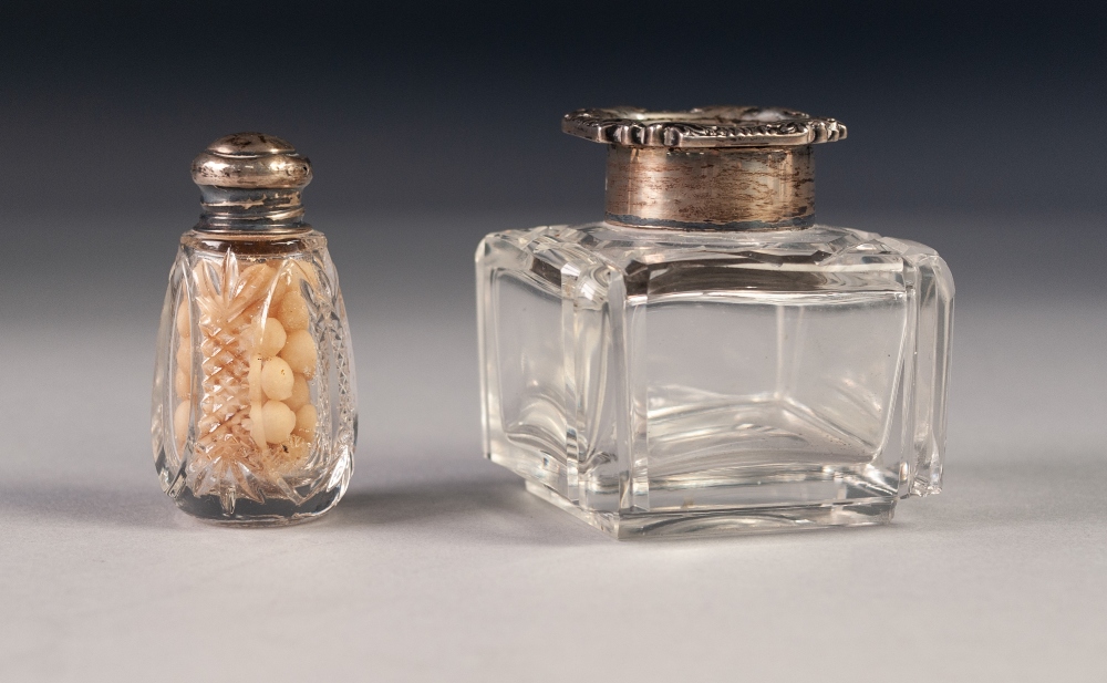 EDWARDIAN GLASS SQUARE INKWELL, with silver neck and hinged circular lid with rococo embossed