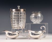 FOUR PIECES OF ELECTROPLATE, comprising: MOULDED GLASS SWING HANDLED BISCUIT BARREL, PAIR OF