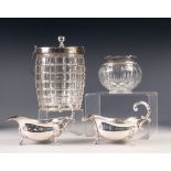 FOUR PIECES OF ELECTROPLATE, comprising: MOULDED GLASS SWING HANDLED BISCUIT BARREL, PAIR OF