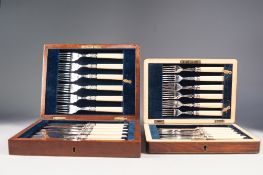 CASED SET OF SIX PAIRS OF ELECTROPLATED FISH EATERS, with engraved blades and bone handles, in a