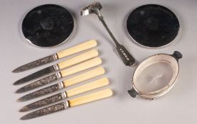 VICTORIAN SILVER SUGAR SIFTER SPOON, Birmingham 1876, together with a SET OF SIX SILVER BONE HANDLED