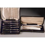 SET OF SIX AFTERNOON TEA KNIVES with silver handles, in case, Sheffield 1931 and A SHOE HORN AND